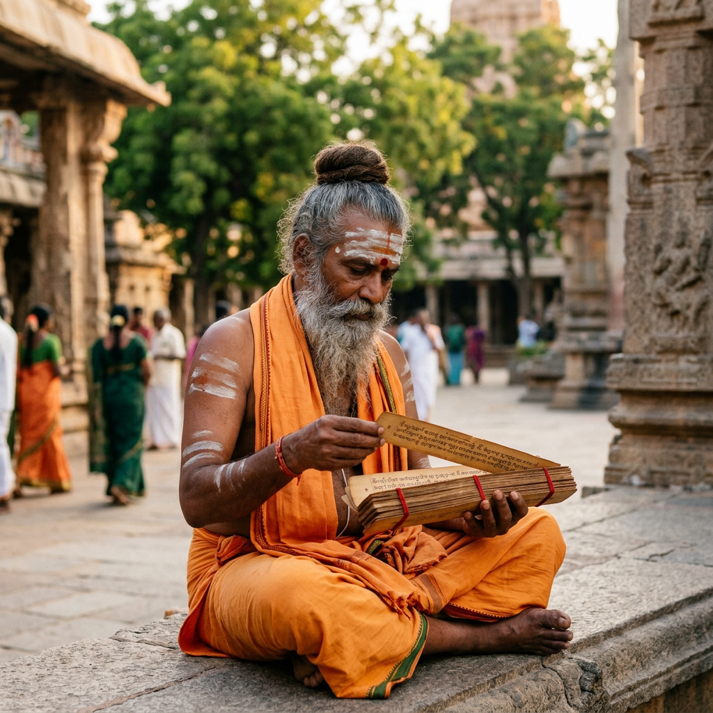 Hindu sage with traditional markings reading palm-leaf manuscript in temple