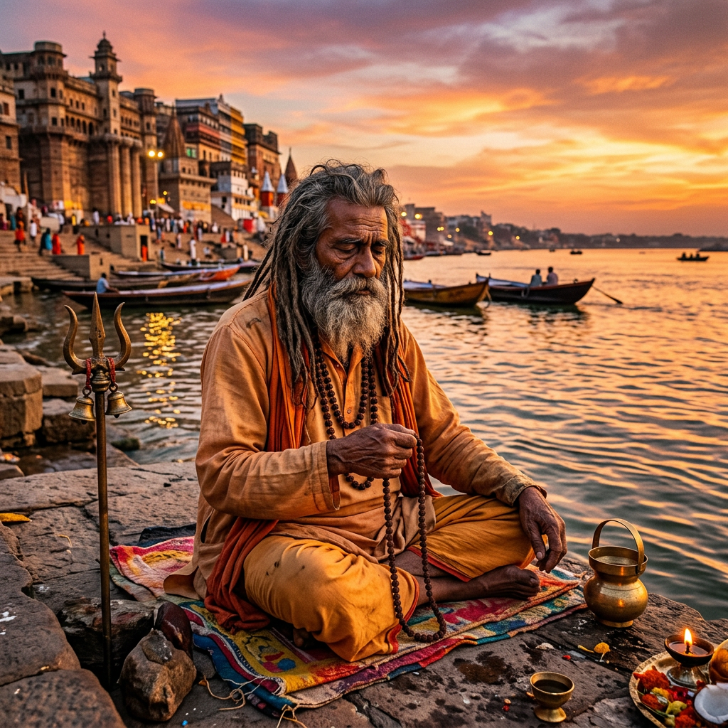 A sadhu sitting cross-legged on a mat by the river, meditating and holding prayer beads during sunset.