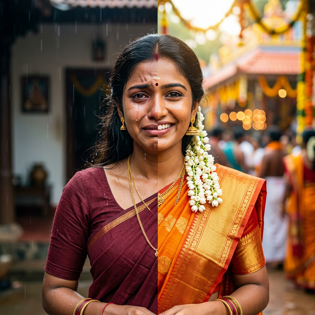 Split image of a woman with one side crying in rain wearing a simple maroon saree and the other side smiling in bright orange saree at a festive event