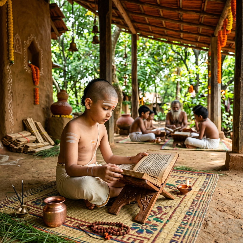 Young boy reading ancient script on wooden stand during Vedic study outdoors