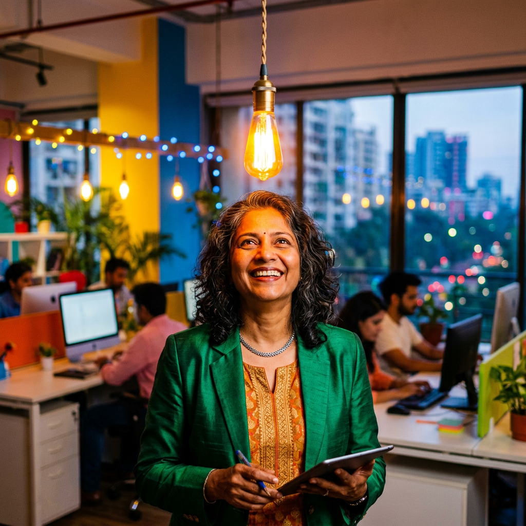 Smiling woman holding tablet in colorful office with colleagues working on computers