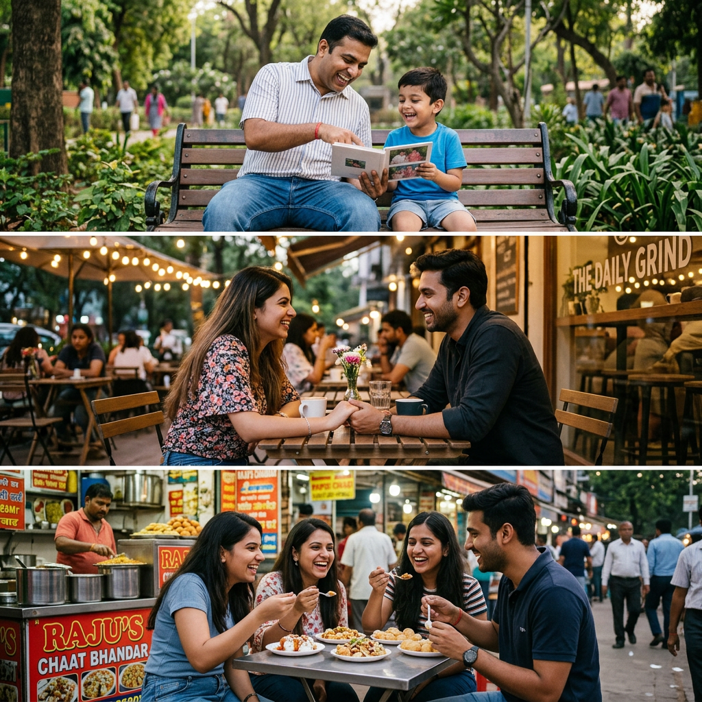 Family reading a book in park; couple having coffee outdoors; friends eating street food together