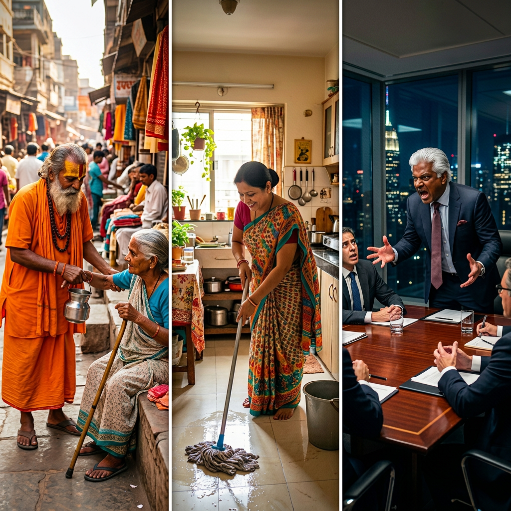 Sadhu helping elderly woman, housewife cleaning floor, billionaire angrily yelling in office meeting