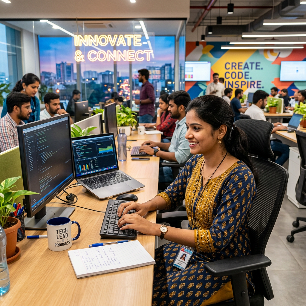 Woman coding at computer in busy tech office with colleagues