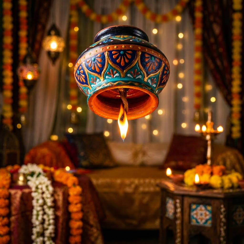 Hand-painted hanging Diwali lamp with flame and decorated festive background