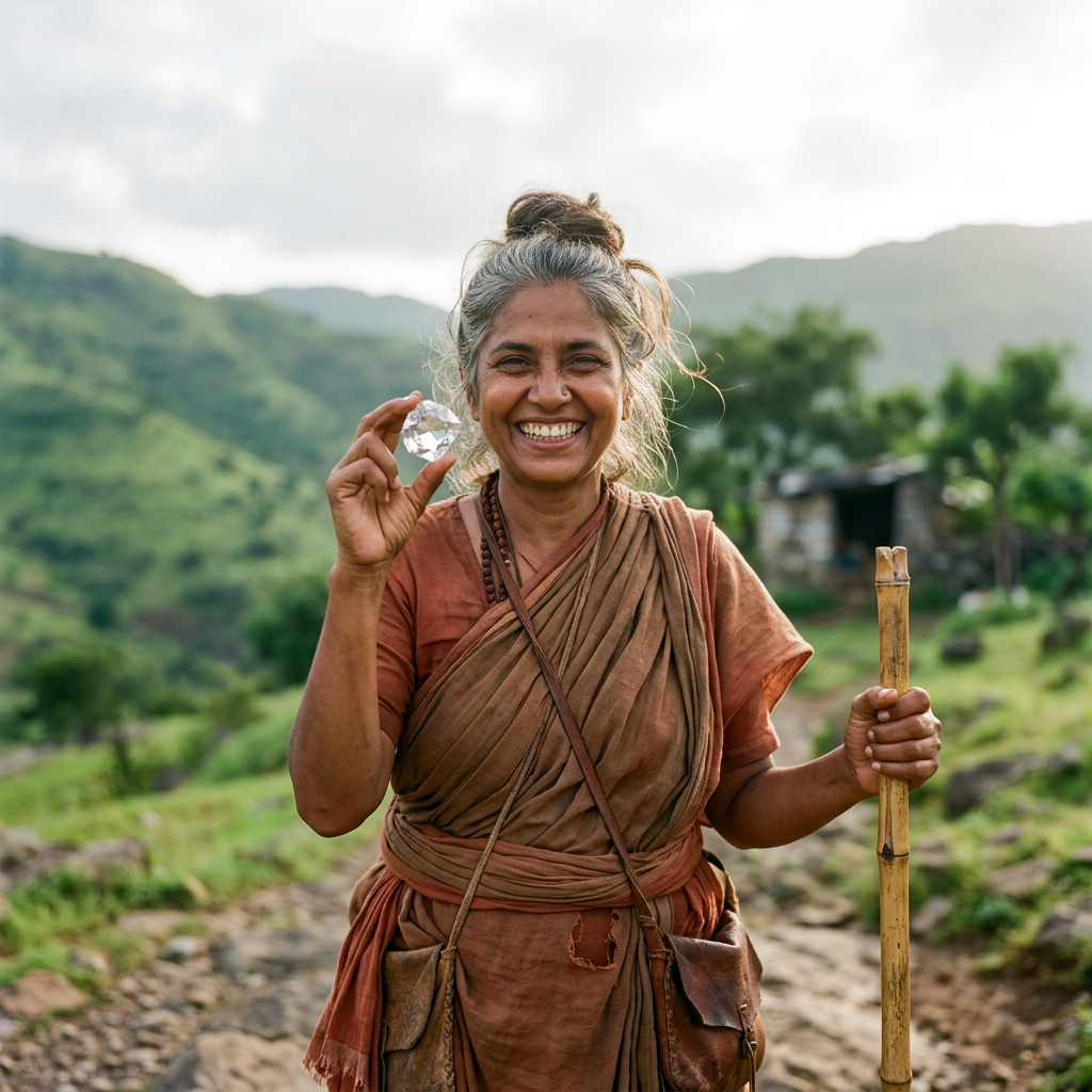 A smiling woman in traditional clothing holding a clear crystal in one hand and a wooden stick in the other, outdoors on a hilly dirt path.
